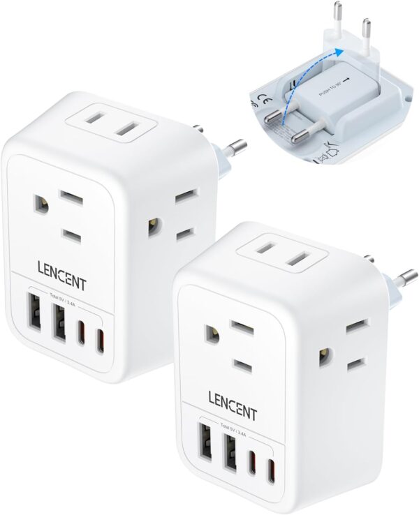 LENCENT Adapter, 8-in-1 European Type-C Foldable Power Plug, 4 Outlets & 4 USB(2 USB-C) Charger, US to Italy, France, Germany, Spain etc.