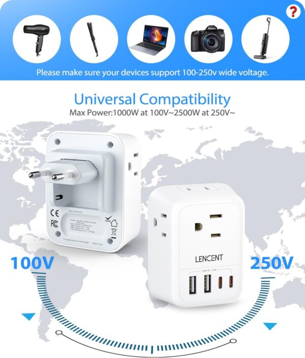 LENCENT Adapter, 8-in-1 European Type-C Foldable Power Plug, 4 Outlets & 4 USB(2 USB-C) Charger, US to Italy, France, Germany, Spain etc. - Image 4